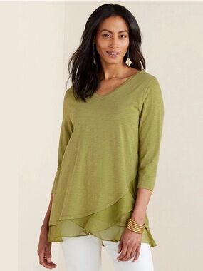 Soft Surroundings Grace Tunic Top PL Green V Neck Lagenlook Layered Ruffle Hem